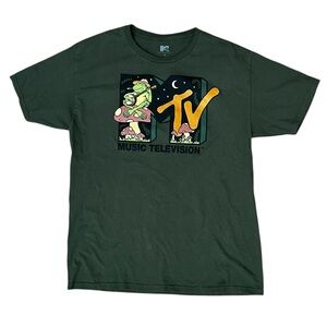 MTV Music Television Men’s Large Green Cotton Short Sleeve Shirt Frog Mushroom
